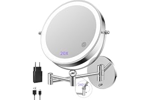 ‎FUNTOUCH FUNTOUCH 5000mAh Wiederaufladbar Kosmetikspiegel mit 1X/ 20X Vergrößerung, Dimmbarer Rasierspiegel 3 Farben, Höhenverstellbar Schminkspiegel, 360° Drehbar, 9 Zoll Wandspiegel für Badezimmer und Hotel