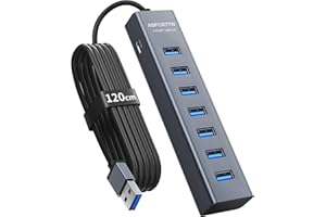 ABFCRTTW 7 Port Hub USB 3.0 - Aluminium Hub USB avec 120cm Câble pour PC Bureau, USB Adaptateur Multiport avec USB 3.0 5Gbps, 5V 3A Type-C pour PC, Laptop, MacBook, MacBook, Souris, Clavier, Disque U etc.