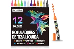 ADM PASS GROUP Rotuladores de tiza liquida. Punta reversible Gruesa/Biselada Pack de colores para todas las superficies, pizarra, cristal, aluminio, papel, piel. Líquid Chalk lavables (12 Piezas).