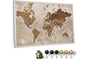 CANVASCALE Hochwertige Canvas Weltkarte mit Kork-Pinnwand - Englische Beschriftung - Dekorative Wanddeko für alle Zimmer - Leinwandbilder mit Weltkarte Motiv (120x80 cm, Muster 17)
