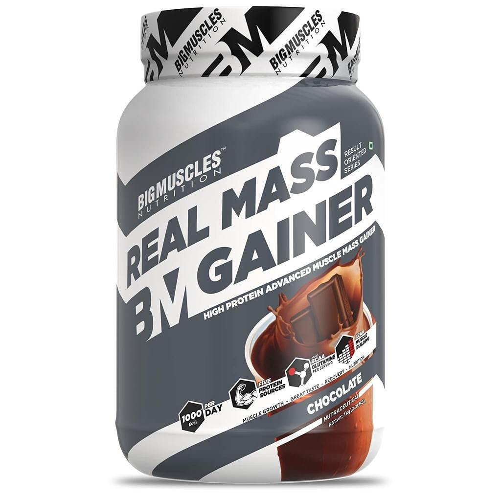 Bigmuscles Nutrition Real Mass Gainer [1Kg, Chocolate] | Lean Whey Protein Muscle Mass Gainer | Complex Carbohydrates, | 1000