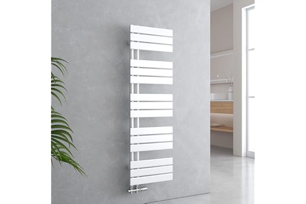 EMKE Badrumsradiator, platt, 1320 x 400 mm, vit, handduksvärmare för badrum, handdukstork, panel, handdukshållare, sidoanslutning för vatten, 570 W