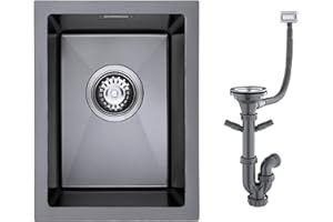 KINKIBOS Spülbecken 304 Edelstahl 30 x 40 cm, Küchenbecken Klein Grau Schwarz, Edelstahlspüle mit Überlauf (Ohne Hahnloch), Küchenspüle 1 Becken Rechteckig, Küche Spüle für 35 cm Unterschrank