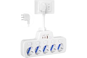 AONOKA Ciabatta Multipresa Elettrica 5 Posti,Presa Multipla Salvaspazio con Interruttori Indipendenti,5 Polivalenti Schuko 10/16A Adattatore Bipasso Bivalenti Italiana Spina 2P+T 16A,Cavo corto 0,1m,Bianco
