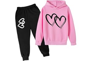 GENERIC Kids Tracksuit Set Girls Hoodie Sweatshirt with Cuffed Jogging Sweatpants Pants 2 Piece Heart Print Long Sleeve Pullover Jumper Tops Trousers Fall Winter Clothes Sets Age 3-14 Years