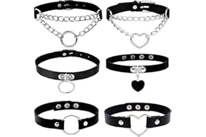 Conruich Set of 6 Leather Choker Necklaces for Women, Black Choker Necklace, Gothic Punk Rock Leather Collar Necklace Set, Leather Choker, Metal Ring Collar, Adjustable Choker, Heart for Men and Women