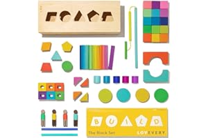LOVEVERY | The Block Set | Solid Wood Building Blocks and Shapes + Wooden Storage Box, 70 Pieces, 18 Colors, 20+ Activities, Toddler Block Set and Converts into a Pull Car, Ages 12 to 48+ months
