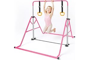 VNIERXFUL Gymnastics Horizontal Bar with Rings, Adjustable Height Training Equipment for Home, Foldable Horizontal Bar for Kid 5-12 years,Indoor&Outdoor Junior Training Bar Multifunction Gym Training Equipment