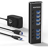 RSHTECH Aluminium USB Hub Aktiv 3.0 med 24W(12V/2A) strömförsörjning 7 Port USB 3.0 Powered Data Hub och Individuell USB Port