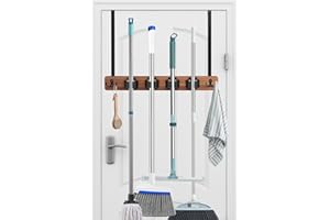 Cyiecw Accroche Balai Mural ou Balai Mural au-dessus de la porte, Porte-outils de jardin en bois et acier inoxydable (marron)
