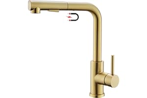 Tohlar Gold Kitchen Tap, Taps with Pull Out Sprayer, Brushed Stainless Steel Mixer 1 Hole 360° Swivel Spout Magnet Bar Sink Faucet 2 Water Modes, Single Lever Tap in Gold, (S048)