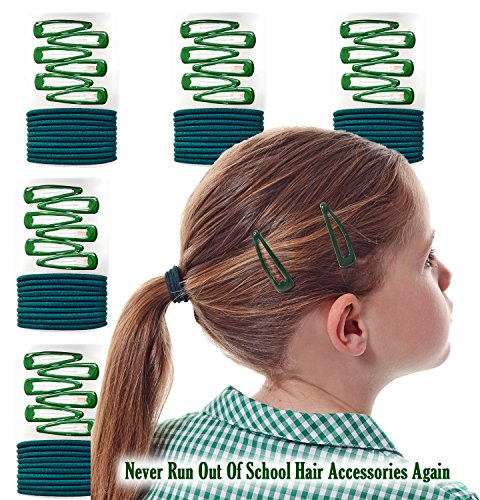 SCHOOL HAIR ACCESSORY BUNDLE: 80 PIECE BULK PACK of Green School Hair Accessories For Girls. Includes 30 Snap Hair Clips and 50 No-Pull Elastic Hair Bands. Save Over 60% On High Street Prices. Available In Different Colours.