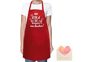 SATINIOR Oma Geschenk Oma Schürze Geburtstagsgeschenk Weinrot Kochschürze mit Spruch Bei Oma Schmeckt's Am Besten Küchenschürze mit Muttertag Grußkarte für Oma Muttertag Geschenk Deko