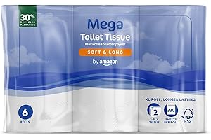 By Amazon Mega Toilet Roll, 2-Ply, Soft and Long, 6 Rolls (1 Pack of 6), 330 Sheets per Roll - Extra Long Roll, Lasts Longer