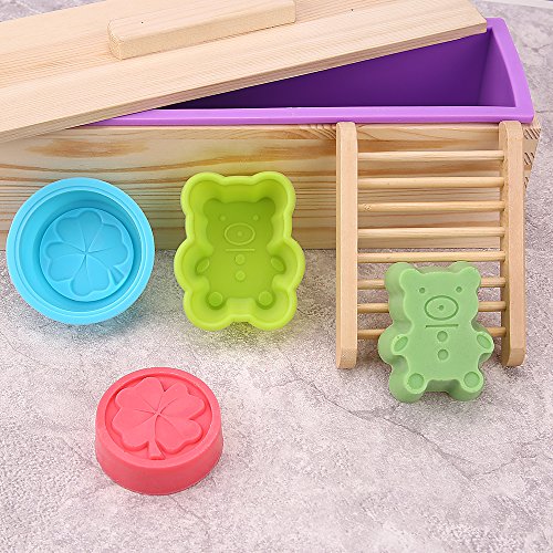 HUKOER Rechteckige Silikon-Seifenform mit Holzbox und Holzdeckel mit 2 Presslöchern, 2 Stück Nette Silikonformen und ein Holzseifenhalter für DIY Hausgemachte (B) - 4