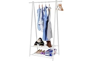 ‎SONGMICS SONGMICS Kleiderständer, Garderobenständer, Garderobe, 2 Ablagen für Schuhe und Boxen, Metallgestell, platzsparend, ideal für Schlafzimmer, Flur und Büro, cremeweiß HSR05W