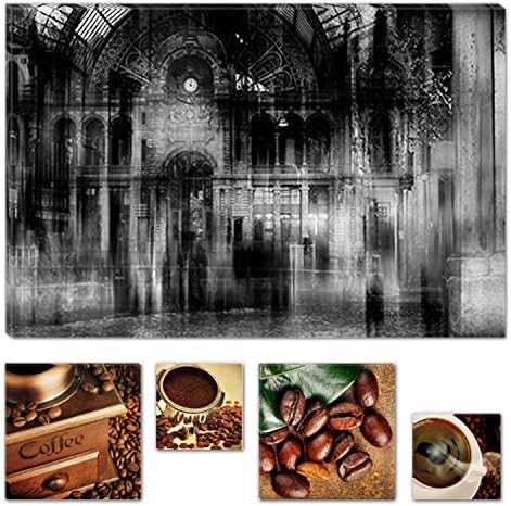 Eco Light Canvas Wall Art Bundle Black and White Abstract Night City Life Shadows 80 x 120 cm for Home Décor and Lovely Kitchen Coffee Collage Set of 4 Artwork Modern Framed