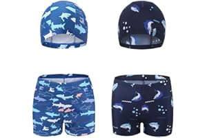FedMois Maillot de Bain Garçon 4 pièces Combinaison, 2 Short de Bain + 2 Bonnet de Bain