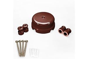 QuirkLz Scatola di Derivazione in Porcellana, Set di scatola derivazione per installazione con cavo tessile, con 4 isolatori ceramica, colore Marrone lucido, Ø 78mm