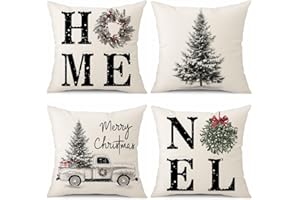 Sungeek Set di 4 Federe per Cuscino Natale Federe Cuscini per Divano Decorativi in Lino Fodere per Cuscini di Natalizi Copricuscini Divano per Decorazioni Natalizie (40x40cm, Albero di Natale/HOME)