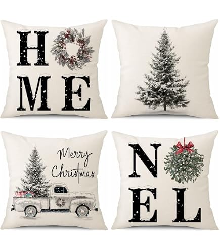 Set Di 4 Fodere Per Cuscini Natalizie In Lino, 45x45 Cm, Con Schiaccianoci E Scritta Buon Natale, Chiusura Nascosta