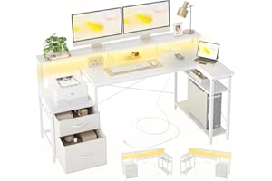 BEXEVUE Escritorio Esquinero LED Tomas Corriente - 165x80cm Ergonómico Escritorio Forma L, 2 Cajones Estantes Reversibles, Grande Soporte Monitor, Mesa Escritura Estudio Juego Trabajo Oficina Hogar
