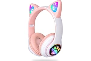 LAIBUY Bluetooth Kopfhörer Kinder, Kabellos Kinder Kopfhörer mit LED-licht Katzenohren und Mikrofon,HD Stereo Sound Faltbare Mädchen Kopfhörer für PC/Telefon/Lernen/Reisen