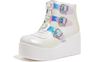 LUCKY STEP Womens Chunky Ankle Boots - Round Toe Zipper Wedges High Heels Rave Buckle Platform Thick Sole Goth Booties