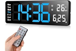 ‎FULOON Fuloon Wanduhr Digital, 13'' LED Uhr mit GroßEm Display, Digital Uhr mit Einstellbarer Helligkeit Und Fernbedienung, LED Wanduhr mit Datum, Woche, Temperatur