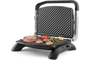 Taurus Grill&Co Plus - Grill + Plancha de asar eléctrica con regulador de temperatura, apertura de 180º. Placas antiadherentes desmontable libres de PFOA. Placa superior autoajustable. Negro