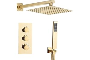 Sanitemodar Gold Concealed Shower Set Thermostatic, Concealed Brass Shower Mixer with 30 x 30 cm Shower Head, Built-in Shower Kit with Hand Shower