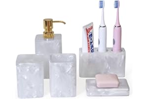 Suanti Pearly White 5Pcs Bathroom Accessory Complete Set with Soap Dispenser,Toothbrush Holder,Soap Dish,Tumbler,Cotton Jar,Modern Luxury Bathroom Organizer Decor Set,Gift for Christmas/Housewarming