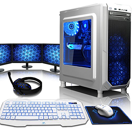 VIBOX Kaleidos GS670-127 Komplett-PC Paket Gaming PC - 4,1GHz AMD FX 6-Core CPU, GTX 1070, leistungsfähig, Desktop Gamer Computer mit Spielgutschein, 3x Dreifach 22" Monitor, Gamer Tastatur & Mouse, RGB LED-Kit, lebenslange Garantie* (3,5GHz (4,1GHz Turbo) Superschneller AMD FX 6300 Sechs 6-Core Prozessor CPU, Nvidia GeForce GTX 1070 8GB Grafikkarte, 8GB Kingston HyperX 1600MHz RAM, 120GB SSD, 2TB Festplatte, 600W 85+ Netzteil, CIT Weiß Gehäuse, AM3+ Mainboard, Ohne Windows Betriebssystem)