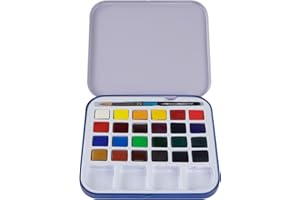 DALER ROWNEY Daler-Rowney Aquafine Watercolour Half Pan Paint Travel Set, 24 Assorted Colours + 1 Aquafine Watercolour Brush, Ideal for Professional & Beginner Artists & Students