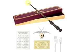 WDKXCN Elderstab Harry P-Otter Glühen, 38CM Dumbledore Zauberstab mit Licht, USB Aufladung Zauberstab Dumbledore in Geschenkbox mit Zauberspruch-Karte, Stationsticket und Halskette