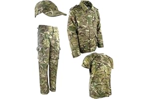 Kombat UK Kids Military Adventure Set, BTP MTP Camouflage Jacket, Trousers, T-Shirt, Baseball Cap, Ages 3-13
