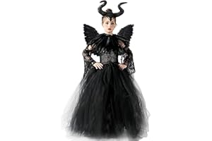 AMOBON Maleficent Kostüm Set für Kinder, Mädchen Böse Königin Kleid mit Hörner Kopfschmuck und Schwarze Flügel Umhang Schulterklappen für Karneval Fasching Halloween Cosplay Carnival Motto Party