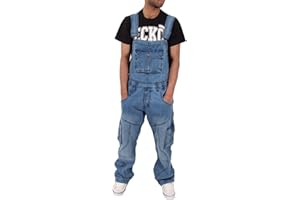 Peviani Men's Cargo Combat Loose Fit Denim Dungarees, Blue
