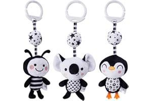 COTTONBEBE Giochi Neonato da Appendere per Passeggino, Bambini Bianco e Nero Giocattoli Koala Pinguino Ape di Peluche, Sensoriale Sonaglio Giocattolo per Culla/Seggiolino Auto, Bianco e Nero