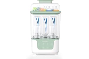 Momcozy Sterilizzatore e Asciugatrice per Biberon, Capacità 6 Biberon, Sterilizzatore Compatto 4 in 1 per Biberon, Parti per Tiralatte e Articoli Essenziali per Neonati, Stendibiancheria Incluso