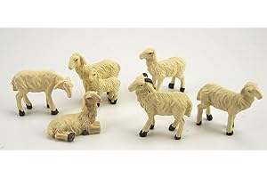 Miniaturenbau-Lewen Schafe Set 6 Teile aus Polyresin. Für Krippenfiguren 10-11 cm. Krippentiere