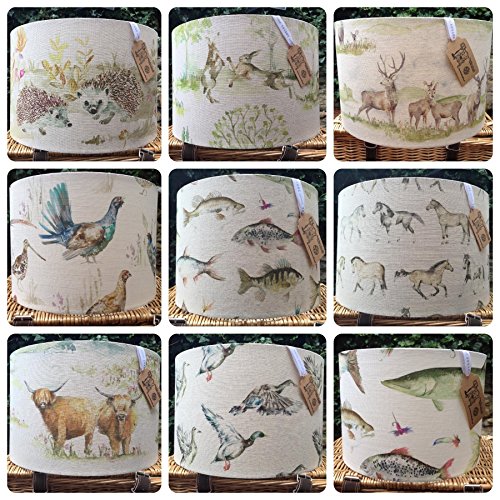 Custom made Voyage Country lampshade any Voyage fabric Moorland Stag Highland Cattle Boxing Hares Hedgehog Fish etc Choice of size