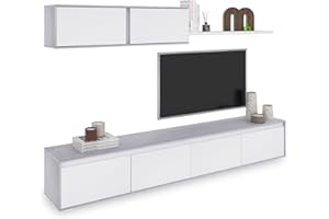duehome | Conjunto Reversible de Salon, Mueble de TV, Modulos de Comedor, Modelo Arlet, Acabado en Blanco Artik y Cemento, Medidas: 200 cm (Largo) x 41 cm (Fondo) 43 cm (Alto)