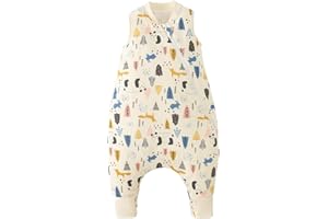 Duomiaomiao Sacco nanna con piedi, per tutto l'anno, in 100% cotone, con piedi, 1,5 Tog, sacco nanna con gambe, per bambini e bambine(Panda beige/6-12 mesi)