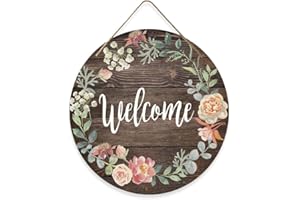 HIOQFR Panneau de Bienvenue Porte d'entrée Panneau Rond de Bienvenue en Bois à Suspendre Décoration Porte D'entrée Welcome Décoration Murale Extérieure Bienvenue Couronne de Porte Bienvenue Plaque