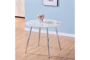 ‎GOLDFAN GOLDFAN Esstisch Glas Küchentisch Marmor Runder Esstisch mit Chrombeinen für Wohnzimmer Büro Küche, 80cm, Weiß