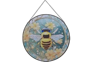 Payutou Hanging Stained Glass for Windows,20cm/7.87inch Bee Hand-Painted Glass Panel Window Hanging Suncatchers Christmas Ornaments Home Courtyard Decor,Housewarming Gift (Style B)