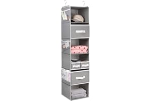 Univivi Hanging Storage Shelves with Drawers, Hanging Shelves for Closet with 3 Removable Drawers & 6 Side Pockets, Clothes Organiser for Wardrobe (Glacier Grey,6 Tier)