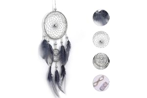 Camidy Dream Catcher with Feathers, Indian Style Knitted Circular Net Feather Fairy Hanging Dream Catcher Home Room Wall Hanging Decor … (Grey)