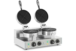 Royal Catering RCWM-2600-R - Piastra per waffle, macchina per waffle, waffle belga, doppio rotondo (2 x 1.300 Watt, timer 15 min, teflon e alluminio, acciaio inox)